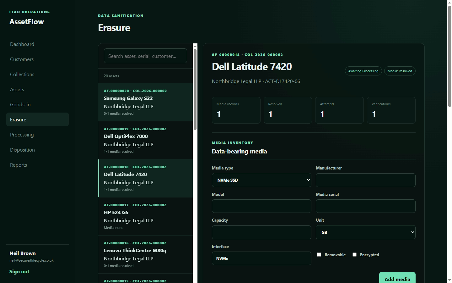 AssetFlow erasure workspace showing a fictional laptop and its data-bearing media record