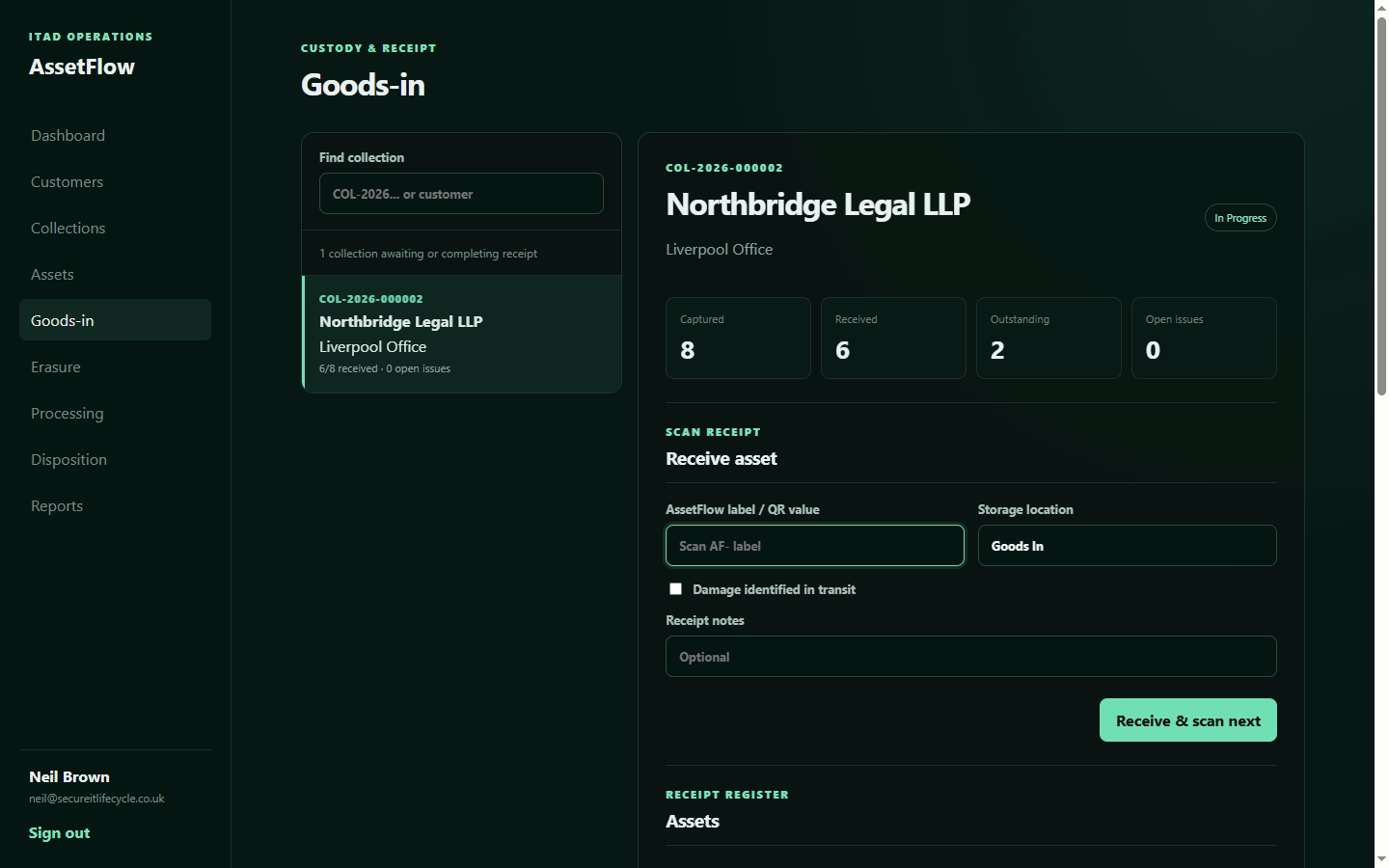 AssetFlow goods-in screen showing receipt counts and asset scanning
