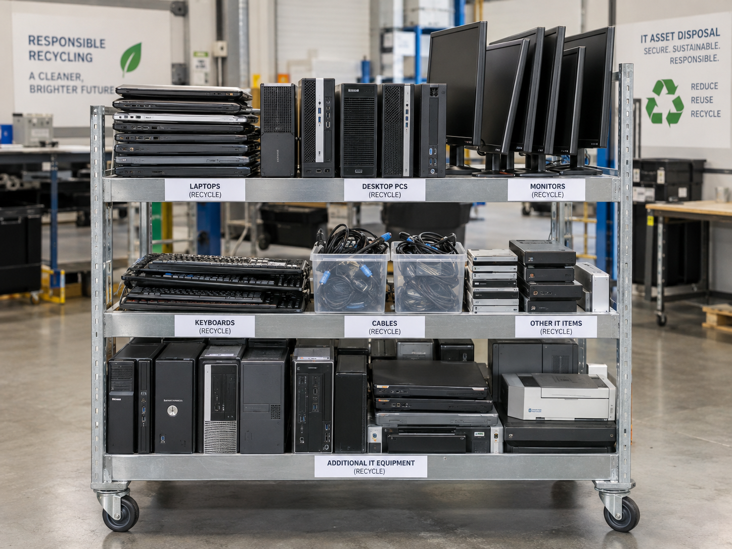 A neat trolley of non-reusable IT equipment awaiting downstream recycling