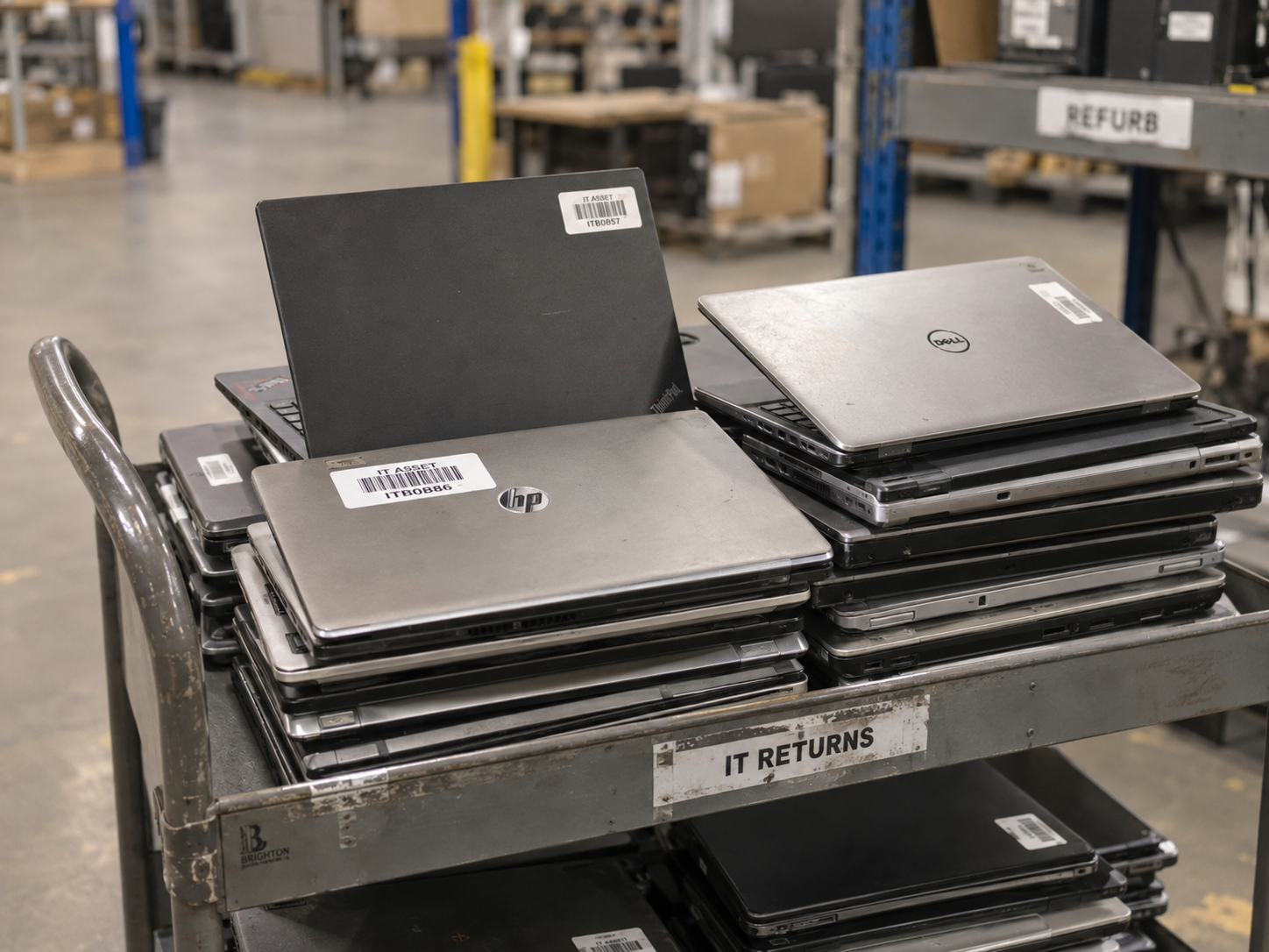 Used business laptops on a trolley with visible asset barcode labels ready for processing
