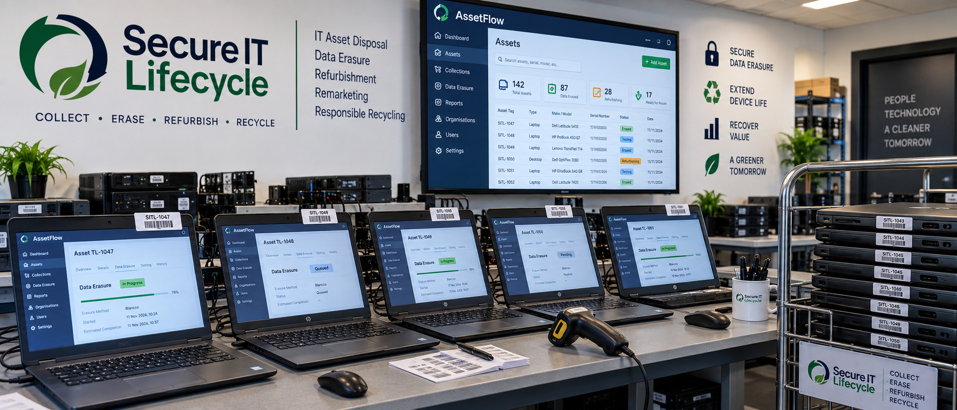 Secure IT processing bench with laptops, barcode labels and AssetFlow displayed on the main monitor